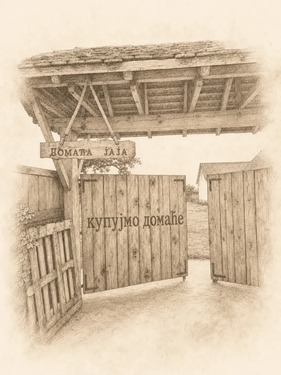 Ilustracija stare drvene kapije Gazdinstva Obrenić sa natpisom „купујмо домаће”